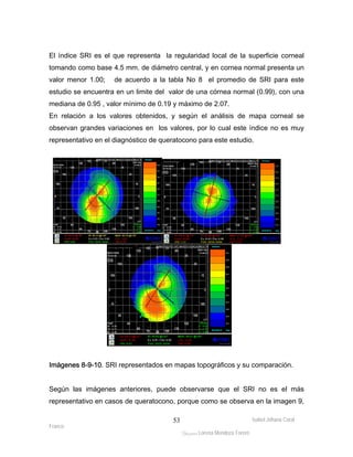 El índice SRI es el que representa la regularidad local de la superficie corneal 
tomando como base 4.5 mm. de diámetro central, y en cornea normal presenta un 
valor menor 1.00; de acuerdo a la tabla No 8 el promedio de SRI para este 
estudio se encuentra en un limite del valor de una córnea normal (0.99), con una 
mediana de 0.95 , valor mínimo de 0.19 y máximo de 2.07. 
En relación a los valores obtenidos, y según el análisis de mapa corneal se 
observan grandes variaciones en los valores, por lo cual este índice no es muy 
representativo en el diagnóstico de queratocono para este estudio. 
Imágenes 8-9-10. SRI representados en mapas topográficos y su comparación. 
Según las imágenes anteriores, puede observarse que el SRI no es el más 
representativo en casos de queratocono, porque como se observa en la imagen 9, 
Isabel Johana Coral 
Franco 
ltéÅ|Üt Lorena Mendoza Forero 
53 
 