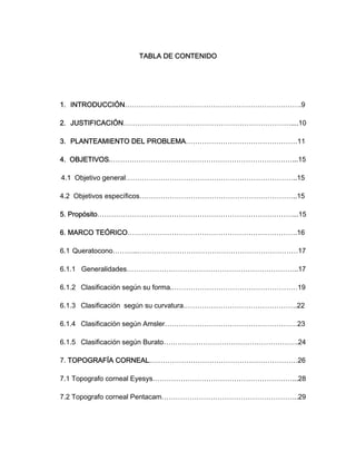 TABLA DE CONTENIDO 
1. INTRODUCCIÓN………………………………………………………………….9 
2. JUSTIFICACIÓN………………………………………………………………....10 
3. PLANTEAMIENTO DEL PROBLEMA…………………………………………11 
4. OBJETIVOS.……………………………………………………………………...15 
4.1 Objetivo general………………………………………………………………..15 
4.2 Objetivos específicos…………………………………………………………..15 
5. Propósito…………………………………………………………………………...15 
6. MARCO TEÓRICO……………………………………………………………….16 
6.1 Queratocono………..……………………………………………………………17 
6.1.1 Generalidades………………………………………………………………..17 
6.1.2 Clasificación según su forma.………………………………………………19 
6.1.3 Clasificación según su curvatura………………………………………….22 
6.1.4 Clasificación según Amsler…………………………………………………23 
6.1.5 Clasificación según Burato………………………………………………….24 
7. TOPOGRAFÍA CORNEAL.………………………………………………………26 
7.1 Topografo corneal Eyesys……………………………………………………...28 
7.2 Topografo corneal Pentacam…………………………………………………..29 
 
