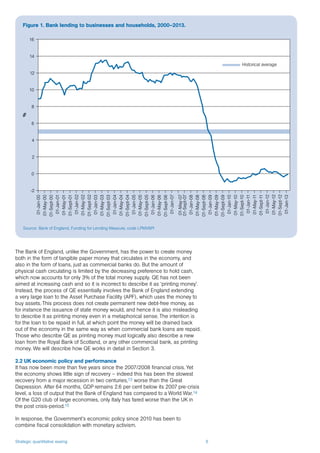 Strategic quantitative easing 6
The Bank of England, unlike the Government, has the power to create money
both in the form of tangible paper money that circulates in the economy, and
also in the form of loans, just as commercial banks do. But the amount of
physical cash circulating is limited by the decreasing preference to hold cash,
which now accounts for only 3% of the total money supply. QE has not been
aimed at increasing cash and so it is incorrect to describe it as ‘printing money’.
Instead, the process of QE essentially involves the Bank of England extending
a very large loan to the Asset Purchase Facility (APF), which uses the money to
buy assets. This process does not create permanent new debt-free money, as
for instance the issuance of state money would, and hence it is also misleading
to describe it as printing money even in a metaphorical sense. The intention is
for the loan to be repaid in full, at which point the money will be drained back
out of the economy in the same way as when commercial bank loans are repaid.
Those who describe QE as printing money must logically also describe a new
loan from the Royal Bank of Scotland, or any other commercial bank, as printing
money. We will describe how QE works in detail in Section 3.
2.2 UK economic policy and performance
It has now been more than five years since the 2007/2008 financial crisis. Yet
the economy shows little sign of recovery – indeed this has been the slowest
recovery from a major recession in two centuries,13 worse than the Great
Depression. After 64 months, GDP remains 2.6 per cent below its 2007 pre-crisis
level, a loss of output that the Bank of England has compared to a World War.14
Of the G20 club of large economies, only Italy has fared worse than the UK in
the post crisis-period.15
In response, the Government’s economic policy since 2010 has been to
combine fiscal consolidation with monetary activism.
Figure 1. Bank lending to businesses and households, 2000–2013.
Source: Bank of England, Funding for Lending Measure, code LPMV6PI
%
-2
0
2
4
6
8
10
12
14
16 01-Jan-00
01-May-00
01-Sept-00
01-Jan-01
01-May-01
01-Sept-01
01-Jan-02
01-May-02
01-Sept-02
01-Jan-03
01-May-03
01-Sept-03
01-Jan-04
01-May-04
01-Sept-04
01-Jan-05
01-May-05
01-Sept-05
01-Jan-06
01-May-06
01-Sept-06
01-Jan-07
01-May-07
01-Sept-07
01-Jan-08
01-May-08
01-Sept-08
01-Jan-09
01-May-09
01-Sept-09
01-Jan-10
01-May-10
01-Sept-10
01-Jan-11
01-May-11
01-Sept-11
01-Jan-12
01-May-12
01-Sept-12
01-Jan-13
Historical average
 