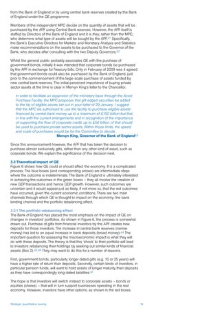 Strategic quantitative easing 14
from the Bank of England or by using central bank reserves created by the Bank
of England under the QE programme.
Members of the independent MPC decide on the quantity of assets that will be
purchased by the APF using Central Bank reserves. However, the APF itself is
staffed by Directors of the Bank of England and it is they, rather than the MPC,
who determine what type of assets will be bought by the APF.41 Specifically,
the Bank’s Executive Directors for Markets and Monetary Analysis and Statistics
make recommendations on the assets to be purchased to the Governor of the
Bank, who decides after consulting with the two Deputy Governors.42
Whilst the general public probably associates QE with the purchase of
government bonds, initially it was intended that corporate bonds be purchased
by the APF in exchange for Treasury bills. Only in February of 2009 was it agreed
that government bonds could also be purchased by the Bank of England, just
prior to the commencement of the large-scale purchase of assets funded by
new central bank reserves. The initial perceived importance of buying private
sector assets at the time is clear in Mervyn King’s letter to the Chancellor:
In order to facilitate an expansion of the monetary base through the Asset
Purchase Facility, the MPC proposes that gilt-edged securities be added
to the list of eligible assets set out in your letter of 29 January. I suggest
that the MPC be authorised to use the facility to purchase eligible assets
financed by central bank money up to a maximum of £150 billion but that,
in line with the current arrangements and in recognition of the importance
of supporting the flow of corporate credit, up to £50 billion of that should
be used to purchase private sector assets. Within those limits, the speed
and scale of purchases would be for the Committee to decide.
Mervyn King, Governor of the Bank of England43
Since this announcement however, the APF that has taken the decision to
purchase almost exclusively gilts, rather than any other kind of asset, such as
corporate bonds. We explain the significance of this decision next.
3.3 Theoretical impact of QE
Figure 6 shows how QE could or should affect the economy. It is a complicated
process. The blue boxes (and corresponding arrows) are intermediate steps
where the outcome is indeterminate. The Bank of England is ultimately interested
in achieving the outcomes in the green boxes – they all involve the creation of
new GDP transactions and hence GDP growth. However, such outcomes are
uncertain and it would appear just as likely, if not more so, that the red outcomes
have occurred, given the current economic conditions. There are two main
channels through which QE is thought to impact on the economy; the bank
lending channel and the portfolio rebalancing effect.
3.3.1The portfolio rebalancing effect
The Bank of England has placed the most emphasis on the impact of QE on
changes in investors’ portfolios. As shown in Figure 6, the process is somewhat
drawn out. Purchase of gilts from financial investors by the APF creates new
deposits for those investors. The increase in central bank reserves (narrow
money) has led to an equal increase in bank deposits (broad money).44 The
important question for assessing the macroeconomic impact is what they will
do with these deposits. The theory is that this ‘shock’ to their portfolio will lead
to investors rebalancing their holdings by seeking out similar kinds of financial
assets (Box 2).45,46 They may want to do this for a number of reasons.
First, government bonds, particularly longer dated gilts (e.g. 10 or 25 years) will
have a higher rate of return than deposits. Secondly, certain kinds of investors, in
particular pension funds, will want to hold assets of longer maturity than deposits
as they have correspondingly long-dated liabilities.47
The hope is that investors will switch instead to corporate assets – bonds or
equities (shares) – that will in turn support businesses operating in the real
economy. However, investors have other options, as shown in the red boxes.
 