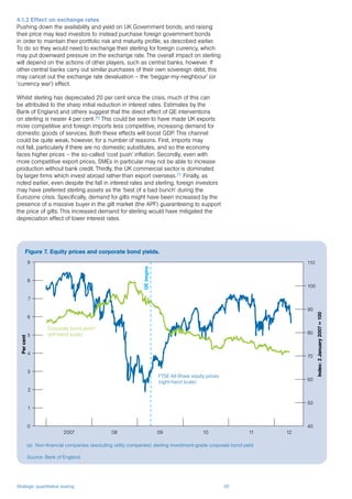 Strategic quantitative easing 20
4.1.2 Effect on exchange rates
Pushing down the availability and yield on UK Government bonds, and raising
their price may lead investors to instead purchase foreign government bonds
in order to maintain their portfolio risk and maturity profile, as described earlier.
To do so they would need to exchange their sterling for foreign currency, which
may put downward pressure on the exchange rate. The overall impact on sterling
will depend on the actions of other players, such as central banks, however. If
other central banks carry out similar purchases of their own sovereign debt, this
may cancel out the exchange rate devaluation – the ‘beggar-my-neighbour’ (or
‘currency war’) effect.
Whilst sterling has depreciated 20 per cent since the crisis, much of this can
be attributed to the sharp initial reduction in interest rates. Estimates by the
Bank of England and others suggest that the direct effect of QE interventions
on sterling is nearer 4 per cent.70 This could be seen to have made UK exports
more competitive and foreign imports less competitive, increasing demand for
domestic goods of services. Both these effects will boost GDP. This channel
could be quite weak, however, for a number of reasons. First, imports may
not fall, particularly if there are no domestic substitutes, and so the economy
faces higher prices – the so-called ‘cost push’ inflation. Secondly, even with
more competitive export prices, SMEs in particular may not be able to increase
production without bank credit. Thirdly, the UK commercial sector is dominated
by larger firms which invest abroad rather than export overseas.71 Finally, as
noted earlier, even despite the fall in interest rates and sterling, foreign investors
may have preferred sterling assets as the ‘best of a bad bunch’ during the
Eurozone crisis. Specifically, demand for gilts might have been increased by the
presence of a massive buyer in the gilt market (the APF) guaranteeing to support
the price of gilts. This increased demand for sterling would have mitigated the
depreciation effect of lower interest rates.
Figure 7. Equity prices and corporate bond yields.
Source: Bank of England
Corporate bond yield(a)
(left-hand scale)
FTSE All-Share equity prices
(right-hand scale)
QEbegins
0
1
2
3
4
5
6
7
8
9
40
50
60
70
80
90
100
110
2007 08 09 10 11 12
Percent
Index:2January2007=100
(a)	 Non-financial companies (excluding utility companies) sterling investment-grade corporate bond yield
 