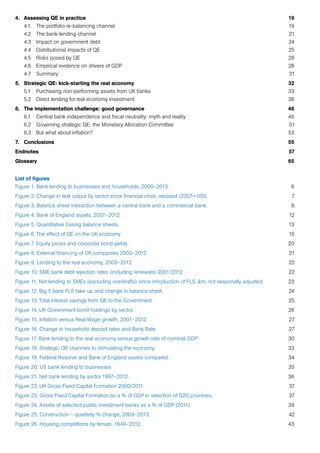 4. 	 Assessing QE in practice	 19
	 4.1. 	 The portfolio re-balancing channel	 19
	 4.2 	 The bank lending channel	 21
	 4.3 	 Impact on government debt	 24
	 4.4 	 Distributional impacts of QE	 25
	 4.5 	 Risks posed by QE	 28
	 4.6 	 Empirical evidence on drivers of GDP	 28
	 4.7 	 Summary	 31
5. 	 Strategic QE: kick-starting the real economy	 32
	 5.1 	 Purchasing non-performing assets from UK banks	 33
	 5.2 	 Direct lending for real economy investment	 36
6. 	 The implementation challenge: good governance	 46
	 6.1 	 Central bank independence and fiscal neutrality: myth and reality	 46
	 6.2 	 Governing strategic QE: the Monetary Allocation Committee	 51
	 6.3 	 But what about inflation?	 53
7. 	 Conclusions	 55
Endnotes	57
Glossary	65
List of figures
Figure 1. Bank lending to businesses and households, 2000–2013.	6
Figure 2. Change in real output by sector since financial crisis, rebased (2007=100).	7
Figure 3. Balance sheet interaction between a central bank and a commercial bank.	9
Figure 4. Bank of England assets, 2007–2012.	12
Figure 5. Quantitative Easing balance sheets. 	13
Figure 6. The effect of QE on the UK economy.	15
Figure 7. Equity prices and corporate bond yields.	20
Figure 8. External financing of UK companies 2003–2012.	21
Figure 9. Lending to the real economy, 2003–2012.	22
Figure 10. SME bank debt rejection rates (including renewals) 2001/2012.	22
Figure 11. Net lending to SMEs (excluding overdrafts) since introduction of FLS, £m, not seasonally adjusted.	23
Figure 12. Big 5 bank FLS take-up and change in balance sheet.	24
Figure 13. Total interest savings from QE to the Government.	25
Figure 14. UK Government bond holdings by sector. 	26
Figure 15. Inflation versus Real Wage growth, 2001–2012.	27
Figure 16. Change in household deposit rates and Bank Rate.	27
Figure 17. Bank lending to the real economy versus growth rate of nominal GDP.	30
Figure 18. Strategic QE channels to stimulating the economy.	33
Figure 19. Federal Reserve and Bank of England assets compared. 	34
Figure 20. US bank lending to businesses	 35
Figure 21. Net bank lending by sector 1997–2012.	36
Figure 22. UK Gross Fixed Capital Formation 2000/2011. 	 37
Figure 23. Gross Fixed Capital Formation as a % of GDP in selection of G20 countries. 	37
Figure 24. Assets of selected public investment banks as a % of GDP (2011).	 39
Figure 25. Construction – quarterly % change, 2009–2013.	42
Figure 26. Housing completions by tenure, 1949–2012.	43
 