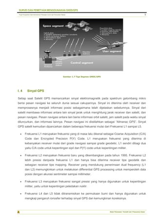 Pusat Pengolahan Data Kementerian Pekerjaan Umum dan Perumahan Rakyat
Balai Pemetaan Tematik dan Prasarana Dasar
5
Gambar 1.7 Tiga Segmen GNSS/GPS
I. 4 Sinyal GPS
Setiap saat Satelit GPS memancarkan sinyal elektromagnetik pada spektrum gelombang mikro
berisi pesan navigasi ke seluruh dunia sesuai cakupannya. Sinyal ini diterima oleh receiver dan
memprosesnya menjadi informasi posisi sebagaimana telah dijelaskan sebelumnya. Sinyal dari
satelit membawa informasi antara lain sinyal jarak untuk menghitung jarak receiver dan satelit, dan
pesan navigasi. Pesan navigasi antara lain berisi informasi orbit satelit, jam satelit pada waktu sinyal
diluncurkan, dan informasi lainnya. Pesan navigasi ini diistilahkan sebagai “Almanac GPS”. Sinyal
GPS satelit kemudian dipancarkan dalam beberapa frekuensi mulai dari Frekuensi L1 sampai L5.
 Frekuensi L1 merupakan frekuensi yang di masa lalu dikenal sebagai Coarse Acquisition (C/A)
Code dan Encrypted Precision P(Y) Code. L1 merupakan frekuensi yang diterima di
kebanyakan receiver mulai dari grade navigasi sampai grade geodetic. L1 sendiri dibagi dua
yaitu C/A code untuk kepentingan sipil dan P(Y) code untuk kepentingan militer.
 Frekuensi L2 merupakan frekuensi baru yang dikembangkan pada tahun 1995. Frekuensi L2
lebih presisi daripada frekuensi L1 dan hanya bisa diterima receiver tipe geodetik dan
sebagian receiver tipe mapping. Receiver yang mendukung penerimaan dual frequency (L1
dan L2) memungkinkan untuk melakukan differential GPS processing untuk memperoleh data
posisi dengan akurasi sentimeter sampai millimeter.
 Frekuensi L3 merupakan frekuensi sangat presisi yang hanya digunakan untuk kepentingan
militer, yaitu untuk kepentingan peledakan nuklir.
 Frekuensi L4 dan L5 tidak ditransmisikan ke permukaan bumi dan hanya digunakan untuk
mengkaji pengaruh ionosfer terhadap sinyal GPS dan kemungkinan koreksinya.
 