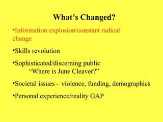 What’s Changed? Information explosion/constant radical    change Skills revolution Sophisticated/discerning public  “Where is June Cleaver?” Societal issues -  violence, funding, demographics Personal experience/reality GAP 