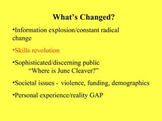 What’s Changed? Information explosion/constant radical    change Skills revolution Sophisticated/discerning public  “Where is June Cleaver?” Societal issues -  violence, funding, demographics Personal experience/reality GAP 