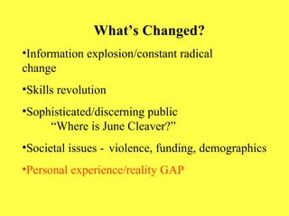 What’s Changed? Information explosion/constant radical    change Skills revolution Sophisticated/discerning public  “Where is June Cleaver?” Societal issues -  violence, funding, demographics Personal experience/reality GAP 