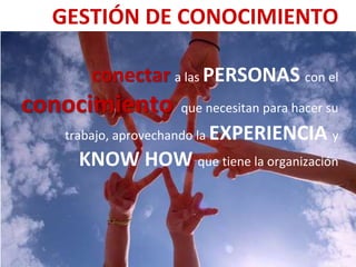 GESTIÓN DE CONOCIMIENTO
conectar a las PERSONAS con el
conocimiento que necesitan para hacer su
trabajo, aprovechando la EXPERIENCIA y
KNOW HOW que tiene la organización
 