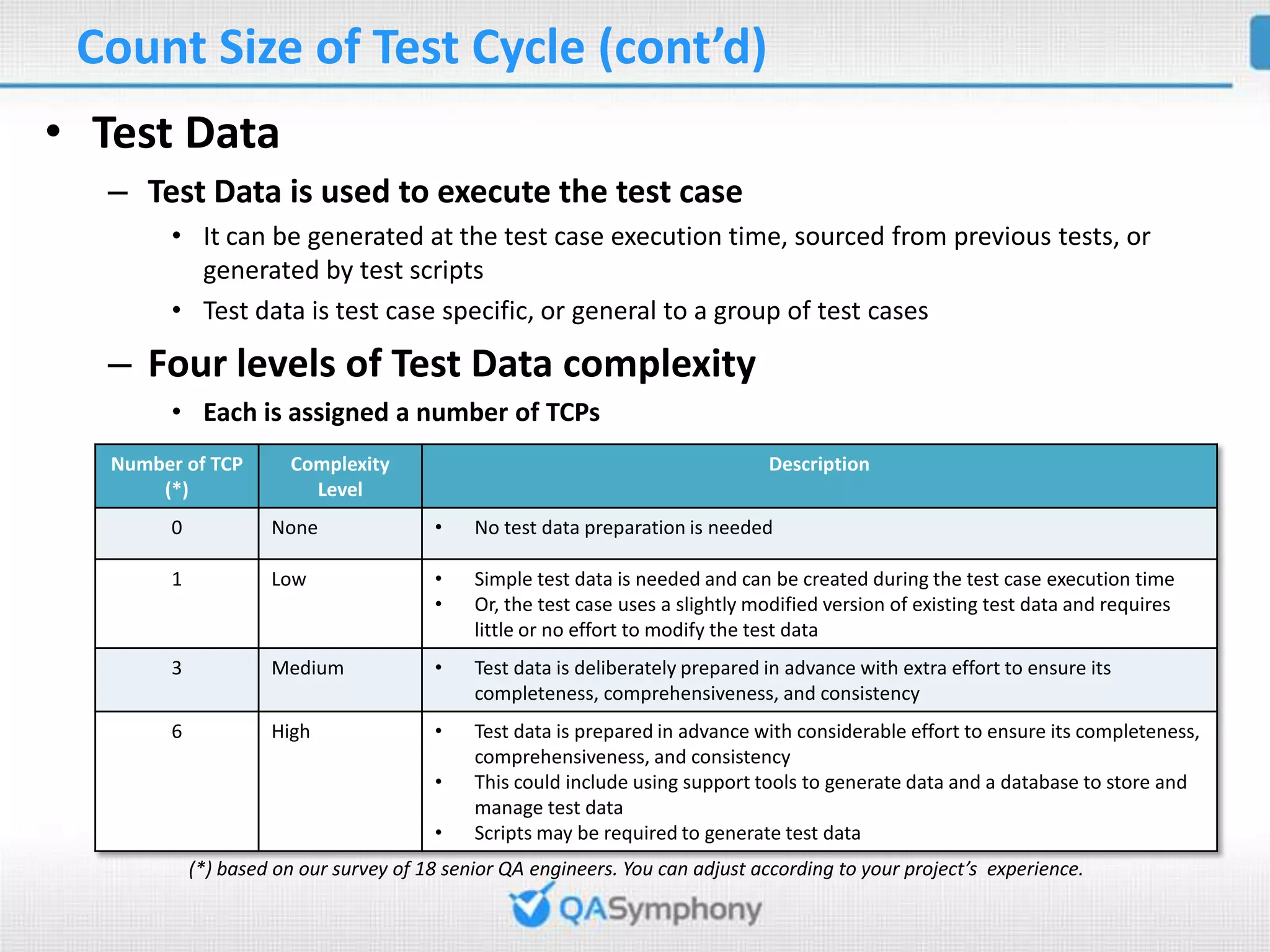 Count Size of Test Cycle (cont’d) • Test Data – Test Data is used to execute the test case • It can be generated at the test case execution time, sourced from previous tests, or generated by test scripts • Test data is test case specific, or general to a group of test cases – Four levels of Test Data complexity • Each is assigned a number of TCPs Number of TCP Complexity Description (*) Level 0 None • No test data preparation is needed 1 Low • Simple test data is needed and can be created during the test case execution time • Or, the test case uses a slightly modified version of existing test data and requires little or no effort to modify the test data 3 Medium • Test data is deliberately prepared in advance with extra effort to ensure its completeness, comprehensiveness, and consistency 6 High • Test data is prepared in advance with considerable effort to ensure its completeness, comprehensiveness, and consistency • This could include using support tools to generate data and a database to store and manage test data • Scripts may be required to generate test data (*) based on our survey of 18 senior QA engineers. You can adjust according to your project’s experience. 