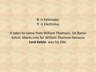 X → Kelvinator Y → Electrolux It takes its name from William Thomson, 1st Baron Kelvin. Marks only for William Thomson because Lord Kelvin was his title.  