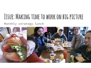 Issue:Makingtimetoworkonbigpicture
Monthly strategy lunch
 