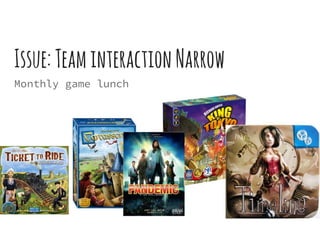 Issue:TeaminteractionNarrow
Monthly game lunch
 