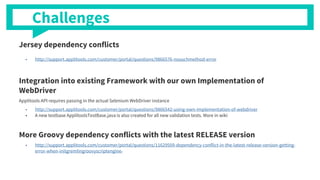 Jersey dependency conflicts
■ http://support.applitools.com/customer/portal/questions/9866576-nosuchmethod-error
Integration into existing Framework with our own Implementation of
WebDriver
Applitools API requires passing in the actual Selenium WebDriver instance
■ http://support.applitools.com/customer/portal/questions/9866542-using-own-implementation-of-webdriver
■ A new testbase ApplitoolsTestBase.java is also created for all new validation tests. More in wiki
More Groovy dependency conflicts with the latest RELEASE version
■ http://support.applitools.com/customer/portal/questions/11629509-dependency-conflict-in-the-latest-release-version-getting-
error-when-initgremlingroovyscriptengine-
Challenges
 