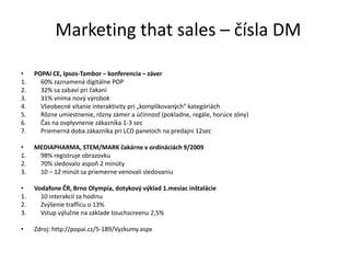 Marketing that sales – čísla DM

•    POPAI CE, Ipsos-Tambor – konferencia – záver
1.     60% zaznamená digitálne POP
2.     32% sa zabaví pri čakaní
3.     31% vníma nový výrobok
4.     Všeobecné vítanie interaktivity pri „komplikovaných“ kategóriách
5.     Rôzne umiestnenie, rôzny zámer a účinnosť (pokladne, regále, horúce zóny)
6.     Čas na ovplyvnenie zákazníka 1-3 sec
7.     Priemerná doba zákazníka pri LCD paneloch na predajni 12sec

•    MEDIAPHARMA, STEM/MARK čakárne v ordináciách 9/2009
1.    98% registruje obrazovku
2.    70% sledovalo aspoň 2 minúty
3.    10 – 12 minút sa priemerne venovali sledovaniu

•    Vodafone ČR, Brno Olympia, dotykový výklad 1.mesiac inštalácie
1.     10 interakcií za hodinu
2.     Zvýšenie trafficu o 13%
3.     Vstup výlučne na základe touchscreenu 2,5%

•    Zdroj: http://popai.cz/5-189/Vyzkumy.aspx
 