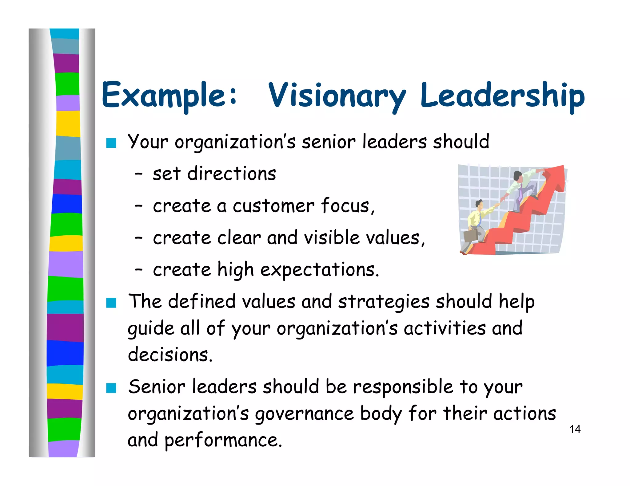 Example: Visionary Leadership
   Your organization’s senior leaders should
    – set directions
    – create a customer focus,
    – create clear and visible values,
    – create high expectations.
   The defined values and strategies should help
    guide all of your organization’s activities and
    decisions.
   Senior leaders should be responsible to your
    organization’s governance body for their actions
                                                       14
    and performance.
   Senior leaders should serve as role models.
 