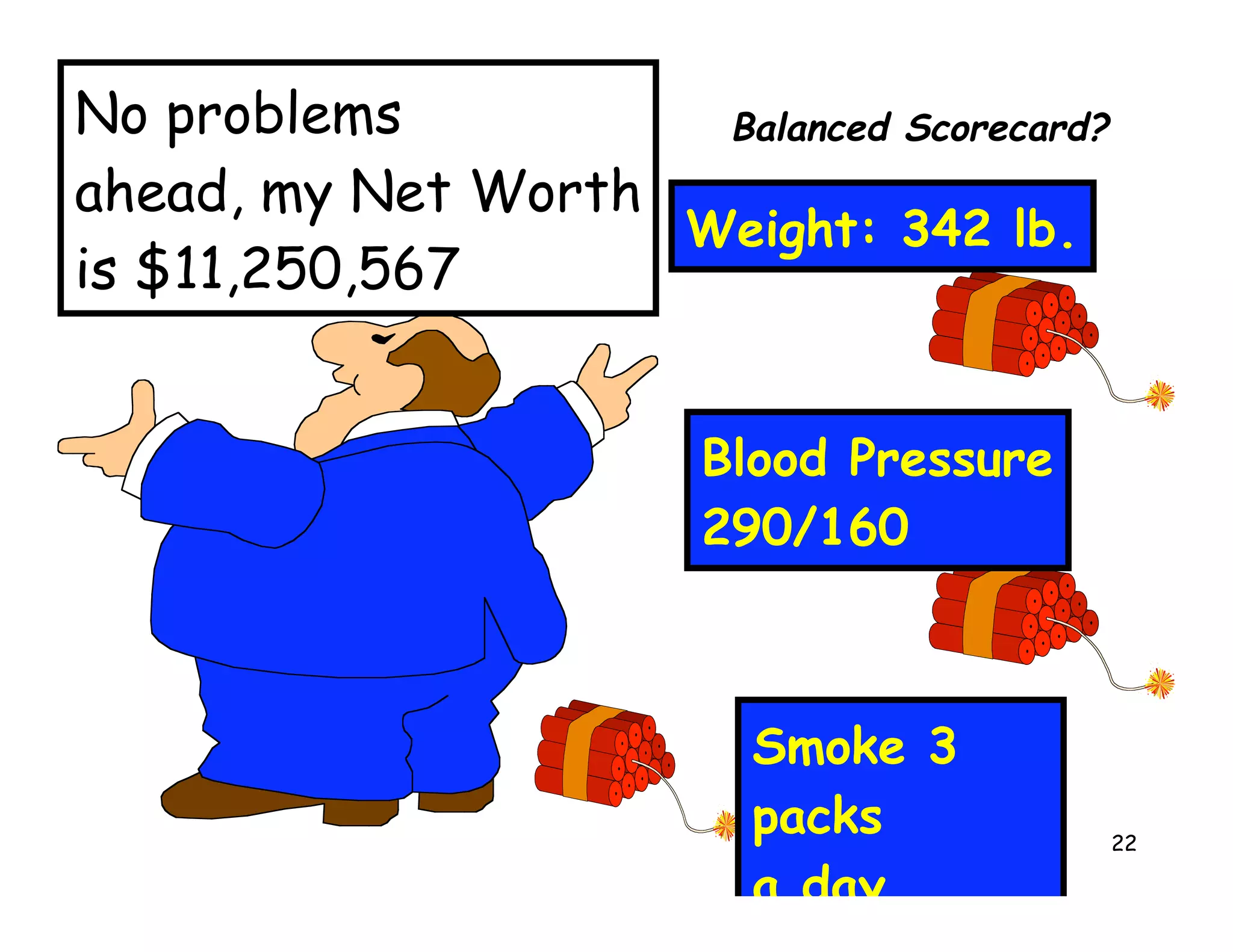 No problems          Balanced Scorecard?
ahead, my Net Worth
                    Weight: 342 lb.
is $11,250,567


                        Blood Pressure
                        290/160



                          Smoke 3
                          packs            22

                          a day
 