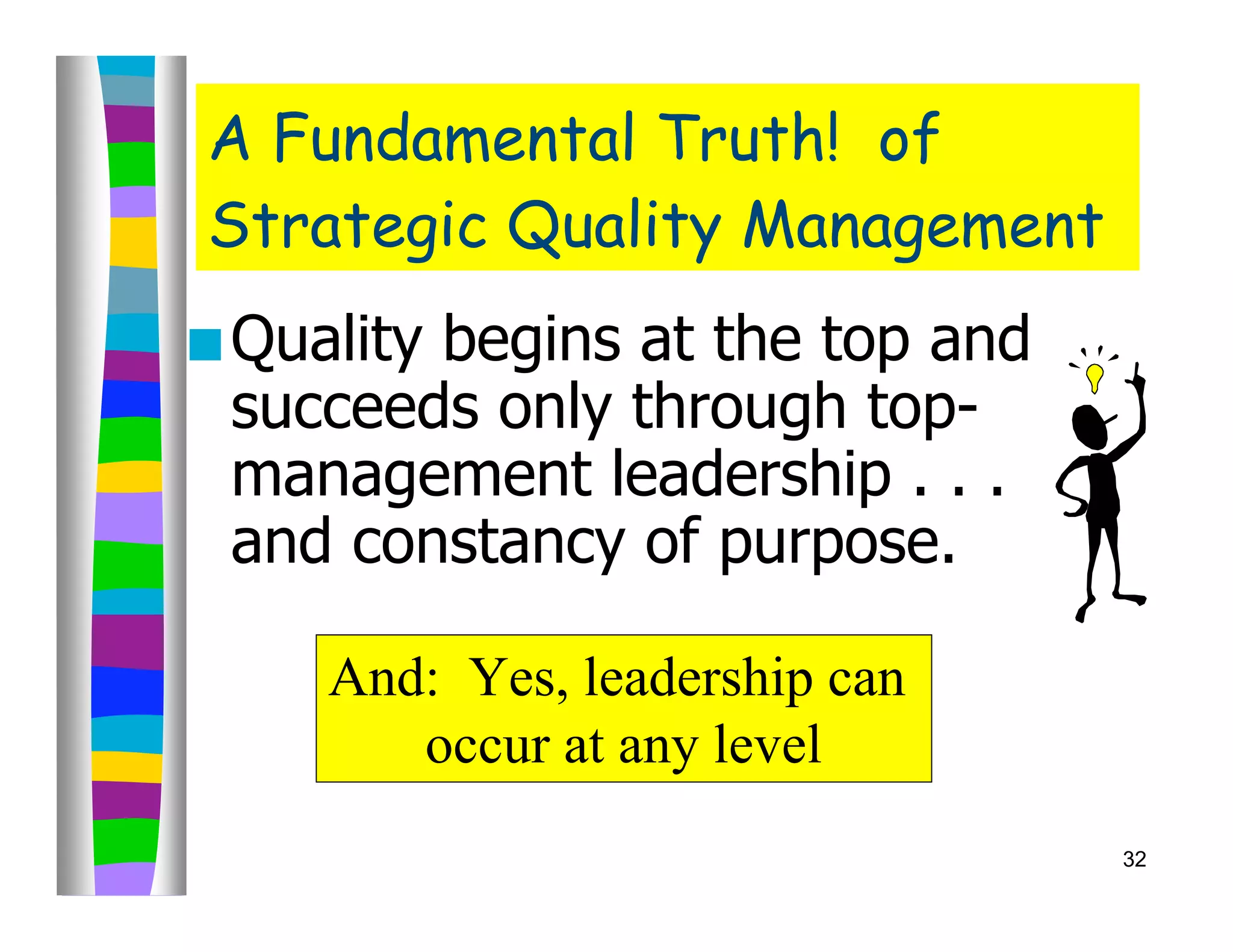 A Fundamental Truth! of
Strategic Quality Management
 Quality
        begins at the top and
 succeeds only through top-
 management leadership . . .
 and constancy of purpose.

     And: Yes, leadership can
        occur at any level
                                32
 