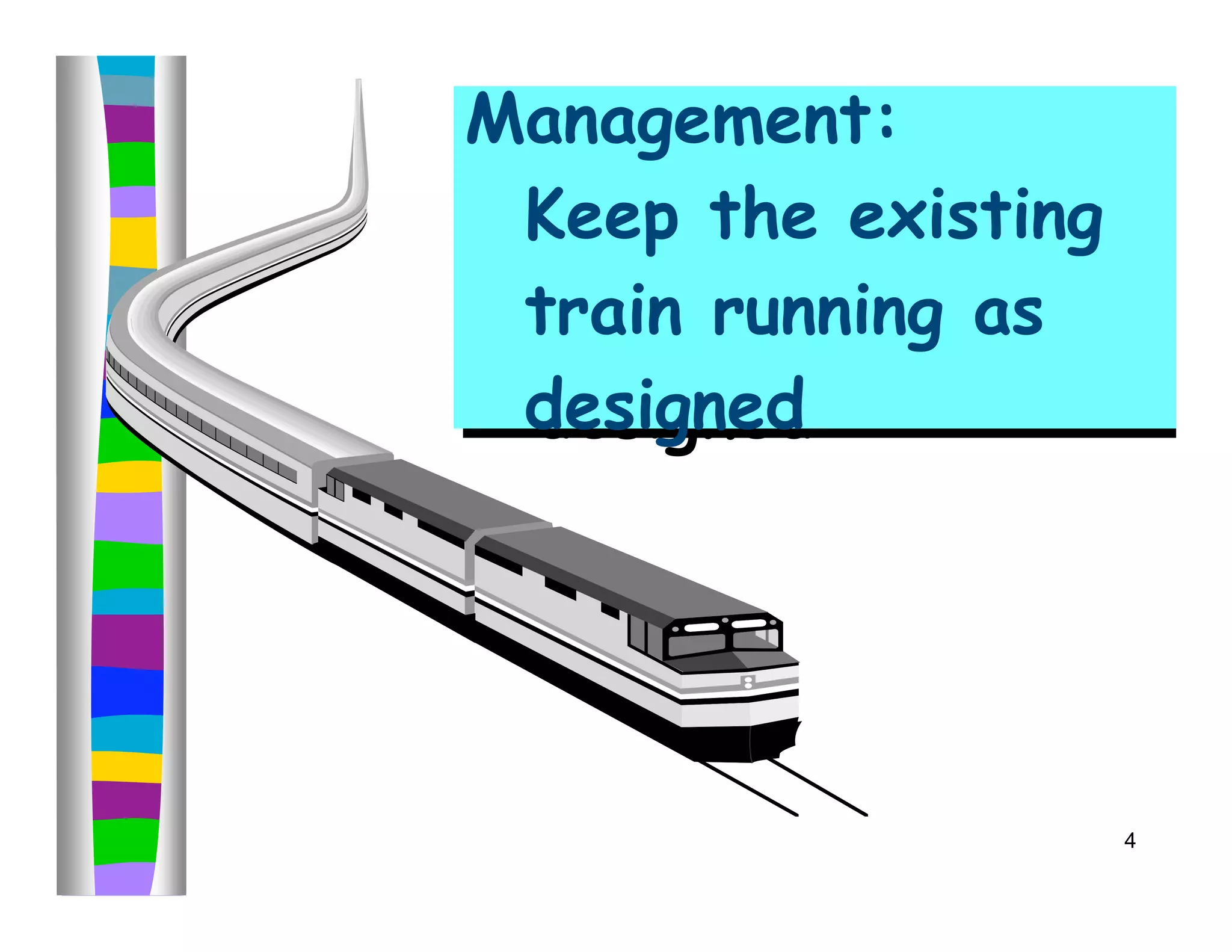 Management:
Management:
 Keep the existing
 Keep the existing
 train running as
 train running as
 designed
 designed




                     4
 