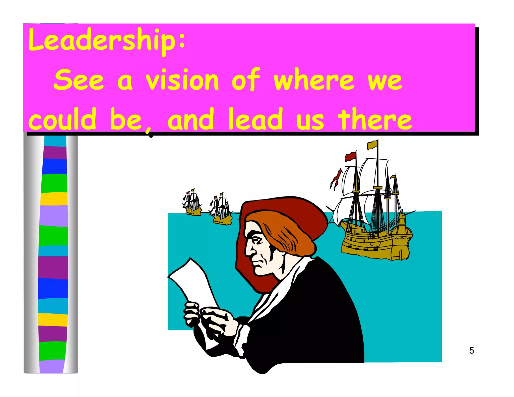 Leadership:
Leadership:
  See a vision of where we
  See a vision of where we
could be, and lead us there
could be, and lead us there




                              5
 