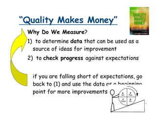 “Quality Makes Money”
 Why Do We Measure?
 1) to determine data that can be used as a
   source of ideas for improvement
 2) to check progress against expectations


   if you are falling short of expectations, go
   back to (1) and use the data as a beginning
   point for more improvements
 