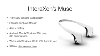 SDK vs. API
• Parrot AR.Drone 2.0 provides both an API and SDK (Bebop has just an
SDK at this point.)
• An SDK is a software library that does additional work locally - makes it
easier to handle video streaming, etc.
• An API is a speciﬁcation of how to connect and control.
• SDK works with speciﬁc tools and platforms.
• Typically SDK uses API.
• My examples use the API so it works across platforms.
 
