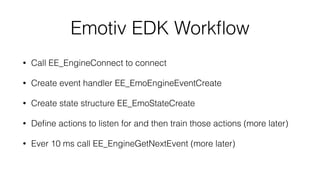 Command String Examples
• FlatTrim: AT*FTROM=[seq]
• Movement: AT*PCMD=[seq],1,Roll, Pitch, Vert, Yaw
• Values of 1.0 to -1.0
• Use 0 in all values to hover
• Takeoff: AT*REF=[seq],290718208
• Land: AT*REF=[seq],290717696
• Emergency: AT*REF=[seq],290717952
 
