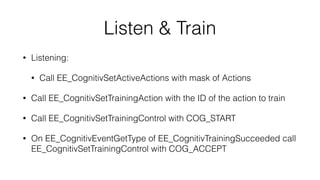 Drone Concerns
• Manual override - keyboard override BCI, just in case
• Send emergency command to clear error state
• Start with FlatTrims to level drone
• Use state machine to send command 30 times a second
1. Keyboard override
2. BCI Input
3. Hover
 