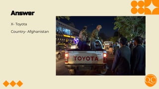 Answer
X- Toyota
Country- Afghanistan
 
