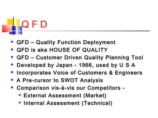 QFD








QFD – Quality Function Deployment
QFD is aka HOUSE OF QUALITY
QFD – Customer Driven Quality Planning Tool
Developed by Japan - 1966, used by U S A
Incorporates Voice of Customers & Engineers
A Pre-cursor to SWOT Analysis
Comparison vis-à-vis our Competitors  External Assessment (Market)
 Internal Assessment (Technical)

 
