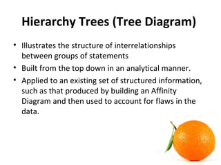 Hierarchy Trees (Tree Diagram)
• Illustrates the structure of interrelationships
between groups of statements
• Built from the top down in an analytical manner.
• Applied to an existing set of structured information,
such as that produced by building an Affinity
Diagram and then used to account for flaws in the
data.
 