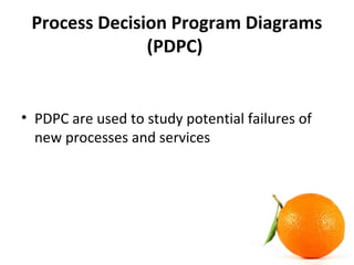Process Decision Program Diagrams
(PDPC)
• PDPC are used to study potential failures of
new processes and services
 