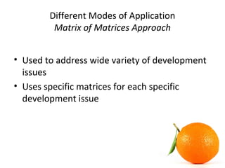 Different Modes of Application
Matrix of Matrices Approach
• Used to address wide variety of development
issues
• Uses specific matrices for each specific
development issue
 