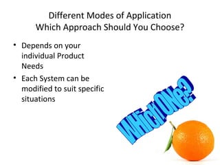 Different Modes of Application
Which Approach Should You Choose?
• Depends on your
individual Product
Needs
• Each System can be
modified to suit specific
situations
 