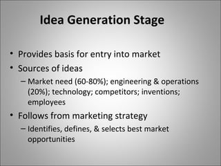 Idea Generation Stage
• Provides basis for entry into market
• Sources of ideas
– Market need (60-80%); engineering & operations
(20%); technology; competitors; inventions;
employees
• Follows from marketing strategy
– Identifies, defines, & selects best market
opportunities
 