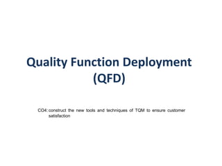 Quality Function Deployment
(QFD)
CO4: construct the new tools and techniques of TQM to ensure customer
satisfaction
 