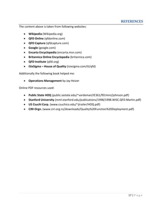 17 | P a g e
REFERENCES
The content above is taken from following websites:
Wikipedia (Wikipedia.org)
QFD Online (qfdonline.com)
QFD Capture (qfdcapture.com)
Google (google.com)
Encarta Encyclopedia (encarta.msn.com)
Britannica Online Encyclopedia (britannica.com)
QFD Institute (qfdi.org)
iSixSigma – House of Quality (isixsigma.com/tt/qfd)
Additionally the following book helped me:
Operations Management by Jay Heizer
Online PDF resources used:
Public State HOQ (public.iastate.edu/~vardeman/IE361/f01mini/johnson.pdf)
Stanford University (mml.stanford.edu/publications/1998/1998.WISC.QFD.Martin.pdf)
US Csuchi Corp. (www.csuchico.edu/~jtrailer/HOQ.pdf)
CIRI Orgn. (www.ciri.org.nz/downloads/Quality%20Function%20Deployment.pdf)
 