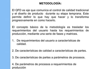 METODOLOGÍA:

El QFD es eje que comunica el control de calidad tradicional
y el diseño de producto durante su etapa temprana. Este
permite definir lo que hay que hacer y lo transforma
progresivamente en como hacerlo.

El concepto básico de la metodología es trasladar los
requerimientos del usuario hasta los requerimientos de
producción, mediante una serie de fases y matrices.

1. De requerimientos del usuario a características de
   calidad.

2. De características de calidad a características de partes.

3. De características de partes a parámetros de procesos.

4. De parámetros de procesos a requerimientos de
producción
 