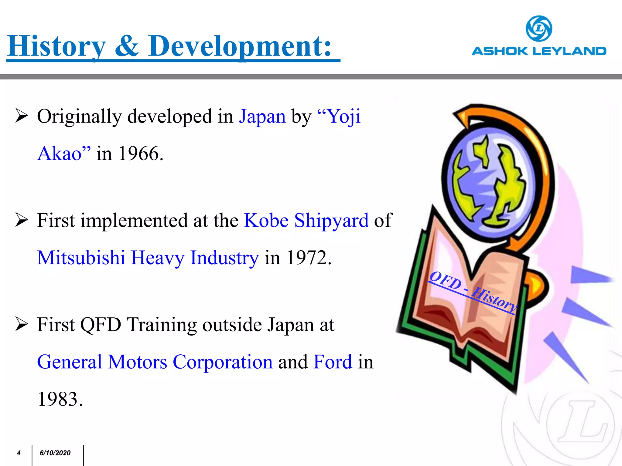 4 6/10/2020
History & Development:
 Originally developed in Japan by “Yoji
Akao” in 1966.
 First implemented at the Kobe Shipyard of
Mitsubishi Heavy Industry in 1972.
 First QFD Training outside Japan at
General Motors Corporation and Ford in
1983.
 