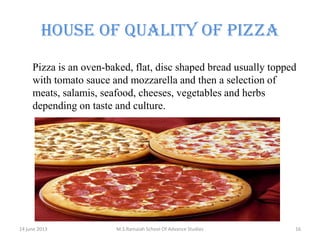 HOUSE OF QUALITY OF PIZZA
Pizza is an oven-baked, flat, disc shaped bread usually topped
with tomato sauce and mozzarella and then a selection of
meats, salamis, seafood, cheeses, vegetables and herbs
depending on taste and culture.

14 june 2013

M.S.Ramaiah School Of Advance Studies

16

 