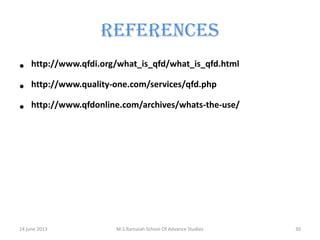 REFERENCES
•
•
•

http://www.qfdi.org/what_is_qfd/what_is_qfd.html

http://www.quality-one.com/services/qfd.php
http://www.qfdonline.com/archives/whats-the-use/

14 june 2013

M.S.Ramaiah School Of Advance Studies

30

 