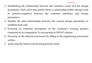 3. Establishing the relationship between the customer wants and the design
parameters. Each cell in this matrix shows a relationship (either strong/weak
or positive/negative) between the customer attributes and design
parameters.
4. Identify the inter-relationships between the various design parameters to
establish trade-offs.
5. Focusing on customer perceptions of the company’s existing product
compared to its competitors. It corresponds to WHAT column.
6. Focusing on the internal assessment by filling in the engineering assessment
section.
7. Analyzing the matrix and choosing priority items.
Continue ……..
 
