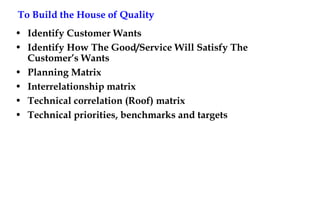 To Build the House of Quality
• Identify Customer Wants
• Identify How The Good/Service Will Satisfy The
Customer’s Wants
• Planning Matrix
• Interrelationship matrix
• Technical correlation (Roof) matrix
• Technical priorities, benchmarks and targets
 