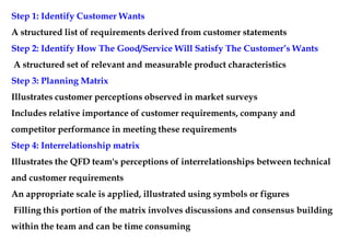 Step 1: Identify Customer Wants
A structured list of requirements derived from customer statements
Step 2: Identify How The Good/Service Will Satisfy The Customer’s Wants
A structured set of relevant and measurable product characteristics
Step 3: Planning Matrix
Illustrates customer perceptions observed in market surveys
Includes relative importance of customer requirements, company and
competitor performance in meeting these requirements
Step 4: Interrelationship matrix
Illustrates the QFD team's perceptions of interrelationships between technical
and customer requirements
An appropriate scale is applied, illustrated using symbols or figures
Filling this portion of the matrix involves discussions and consensus building
within the team and can be time consuming
 