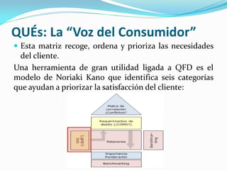 QUÉs: La “Voz del Consumidor”
 Esta matriz recoge, ordena y prioriza las necesidades
del cliente.
Una herramienta de gran utilidad ligada a QFD es el
modelo de Noriaki Kano que identifica seis categorías
que ayudan a priorizar la satisfacción del cliente:
 