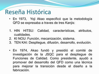 Reseña Histórica
• En 1973, Yoji Akao especificó que la metodología
QFD se expresaba a traves de tres Kanjis:
1. HIN HITSU: Calidad, características, atributos,
cualidades.
2. KI NOU: Función, mecanización, sistema.
3. TEN KAI: Despliegue, difusión, desarrollo, evolución.
• En 1974, Akao fundó y presidió el comité de
investigación de la JSQC para el despliegue de
Funciones de Calidad. Como presidente, ayudó a
promover del desarrollo del QFD como una técnica
para mejorar la transición desde el diseño a la
fabricación.
 