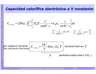 Capacidad calorífica electrónica a V constante
Universidad Autónoma de Madrid




                                                                 2
                                                               +∞      x2               x 
                                    CV ,elec   = 2 D (ε F ) ∫ 2k BT      2
                                                                            + k Bε F     2 
                                                                                              dε
                                                             −∞
                                                                    cosh x          cosh x 
                                                                                                 +∞    x                     +∞   x2         π2
                                                                                                ∫−∞ cosh 2 x dx = 0         ∫−∞ cosh 2 x dx = 6


                                 por volumen V del metal
                                                                               2π 2           2
                                 (que contiene Ne electrones)
                                                                 CV ,elec    =      D(ε F ) k B T                  variación lineal con   T
                                                                                3
                                                                                           b             pendiente proporcional a         D (ε F )



                                                  Química Física del Estado Sólido. El gas de electrones libres.           UAM                       29
 