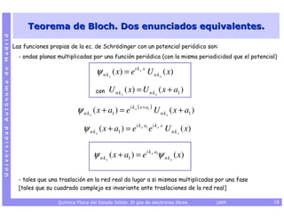 Teorema de Bloch. Dos enunciados equivalentes.
Universidad Autónoma de Madrid




                                 Las funciones propias de la ec. de Schrödinger con un potencial periódico son:
                                   - ondas planas multiplicadas por una función periódica (con la misma periodicidad que el potencial)

                                                                      ψ n k ( x) = ei k x U n k ( x)
                                                                                x
                                                                                                x
                                                                                                                 x



                                                                      con       U n k x ( x) = U n k x ( x + a1 )
                                                                                               ( x + a1 )
                                                          ψ n k ( x + a1 ) = e i k
                                                                 x
                                                                                           x
                                                                                                            U n k x ( x + a1 )

                                                             ψ n k ( x + a1 ) = ei k a ei k x U n k ( x)
                                                                      x
                                                                                                 x 1         x
                                                                                                                         x




                                                                     ψ n k ( x + a1 ) = ei k a ψ n k ( x)
                                                                            x
                                                                                                        x 1
                                                                                                                     x




                                   - tales que una traslación en la red real da lugar a si mismas multiplicadas por una fase
                                   [tales que su cuadrado complejo es invariante ante traslaciones de la red real]

                                                  Química Física del Estado Sólido. El gas de electrones libres.                 UAM   18
 