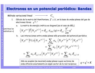 Electrones en un potencial periódico: Bandas
Universidad Autónoma de Madrid




                                      Método variacional lineal                                    Cq x
                                           1.    Cálculo de la matriz del Hamiltoniano,            ˆ
                                                                                                  T + V , en la base de ondas planas del gas de
                                                 electrones libres e i q x x
                                                 a.    La matriz de energía cinética es diagonal [es el caso de GEL]
                                                                                                                              2
                                 [omitimos los
                                 subíndices x]
                                                                     ˆ
                                                        N q e i q x T N q′ e   i q′ x
                                                                                        = δ q q′ ε GEL (q ) = δ q q′              q2
                                                                                                                           2m
                                                 b.    Las interacciones entre ondas planas sólo proceden del potencial periódico

                                                        N q e i q x V ( x ) N q′ e i q′ x =      ∑
                                                                                                K x ∈RR
                                                                                                          a K x N q e i q x e i K x x N q′ e i q′ x

                                                                                            =   ∑
                                                                                                K ∈RR
                                                                                                        a K N q e i q x N q ′ e i ( q′ + K ) x

                                                           =   ∑
                                                               K ∈RR
                                                                       a K δ q , q′ + K N q e i q x N q e i q x      =    ∑
                                                                                                                         K ∈RR
                                                                                                                                  a K δ q , q′ + K

                                                       Sólo se acoplan (se mezclan) ondas planas cuyos vectores de
                                                       onda difieren exactamente en algún vector de la red recíproca
                                                                                                                                                     q = q′ + K
                                                      Química Física del Estado Sólido. El gas de electrones libres.                   UAM                        25
 