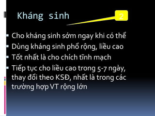 Kháng sinh
 Cho kháng sinh sớm ngay khi có thể
 Dùng kháng sinh phổ rộng, liều cao
 Tốt nhất là cho chích tĩnh mạch
 Tiếp tục cho liều cao trong 5-7 ngày,
thay đổi theo KSĐ, nhất là trong các
trường hợpVT rộng lớn
2
 