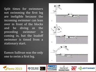 Split times for swimmers
not swimming the first leg
are ineligible because the
incoming swimmer can lean
over in front of the blocks
and be diving as the
preceding swimmer is
coming in, but the leadoff
swimmer is timed from a
stationary start.
Eamon Sullivan was the only
one to swim a first leg.
 