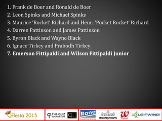 1. Frank de Boer and Ronald de Boer
2. Leon Spinks and Michael Spinks
3. Maurice ‘Rocket’ Richard and Henri ‘Pocket Rocket’ Richard
4. Darren Pattinson and James Pattinson
5. Byron Black and Wayne Black
6. Ignace Tirkey and Prabodh Tirkey
7. Emerson Fittipaldi and Wilson Fittipaldi Junior
 